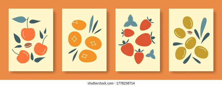 Abstract still life in pastel colors vector illustration. Collection of contemporary art. Vector set of berries cherries, sea buckthorn, strawberries, olives for social media, posters, postcards.