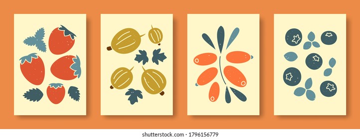 Abstract still life in pastel colors vector illustration. Collection of contemporary art. Vector set of berries strawberry, gooseberry, barberry, blueberry for social media, posters, postcards.