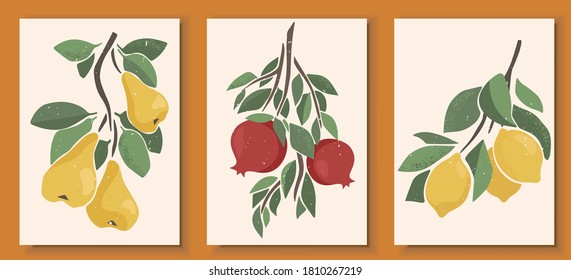 Abstract still life in pastel colors posters. Collection of contemporary art. Abstract paper cut elements, fruits and berries for social media, postcards, print. Hand drawn pear, pomegranate, lemon.