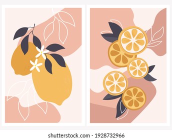 Abstract still life in pastel colors of posters. Collection of contemporary art. Minimalistic elements, fruits, lemons for social networks, postcards, printing. Vector graphics.