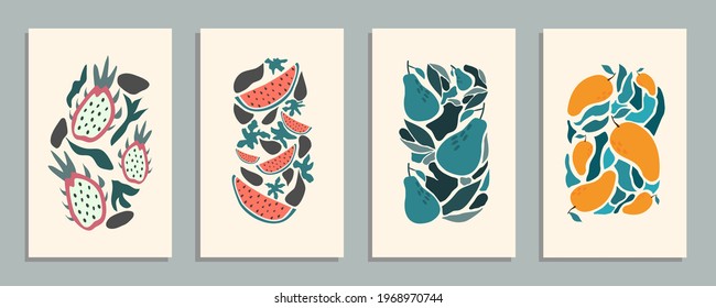 Abstract still life in pastel colors posters. Collection of contemporary art. Abstract elements, fruits for social media, postcards, print. Hand drawn dragon, watermelon, pear, mango