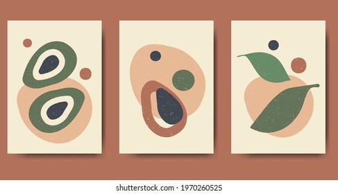 Abstract still life in pastel colors poster. Set of three abstract minimalist aesthetic illustrations with avocado, leaves and abstract shapes. Modern posters for social media in vintage style.