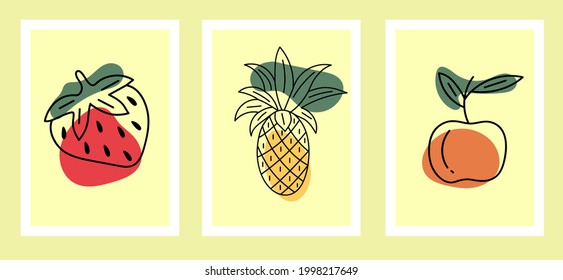 Abstract still life in pastel colors poster. Collection of contemporary art. Abstract paper cut elements, fruits and berries for social media, postcards, print. Hand-drawn apple, pineapple, strawberry