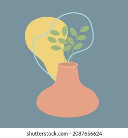 Abstract still life in pastel colors. Vase with twigs and boho shapes in contemporary art. 