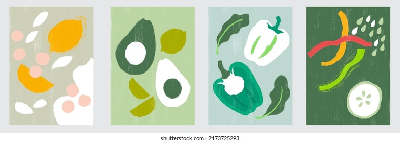 Abstract still life in pastel colors. Paper cut elements for social media, postcards, and print. Hand-drawn lemon, chickpea, avocado, lime, bell pepper, spinach, bell pepper strips, seeds, cucumber