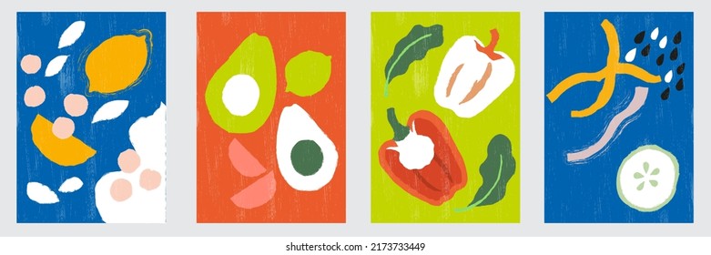 Abstract still life in pastel colors. Abstract paper cut elements, vegetables for social media, postcards, print. Hand drawn lemons, avocados, lime, bell peppers, cucumber, spinach, chia seeds, leaves