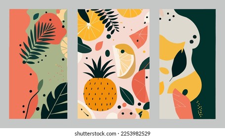 Abstract still life in pastel colors. Collection of contemporary art. Abstract paper cut elements, fruits for social networks, postcards, print. Hand drawn apricot, pineapple, lemons.