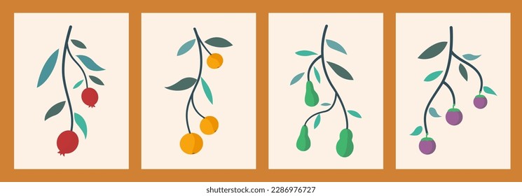 Abstract still life in pastel colors posters. Collection of contemporary art. Abstract elements, fruits for social media, postcards, print. pomegranate, orange, avocado, mangosteen,