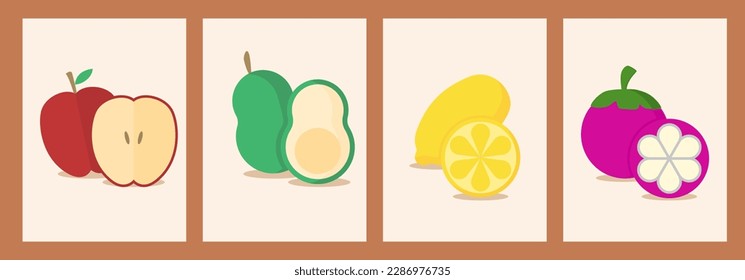 Abstract still life in pastel colors posters. Collection of contemporary art. Abstract elements, fruits for social media, postcards, print. apple, avocado, lemon, mangosteen