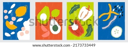 Abstract still life in pastel colors. Abstract paper cut elements, vegetables for social media, postcards, print. Hand drawn lemons, avocados, lime, bell peppers, cucumber, spinach, chia seeds, leaves