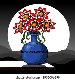 Abstract still life with red flowers in a vase against the background of a night landscape. Vector illustration.