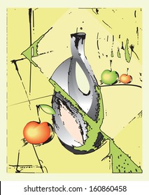 Abstract still life with silver pitcher and apples on graphic beige background 