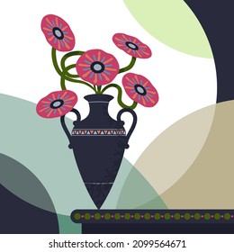 Abstract still life with stylized pink flowers in a jug. Abstract wall art, poster design. Vector illustration.