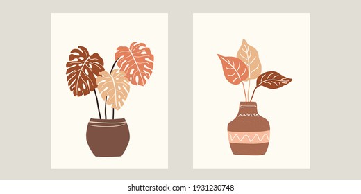 Abstract still life in trendy colors. Collection of contemporary art.  Hand drawn vase, leaves, shapes. Vector illustration. 