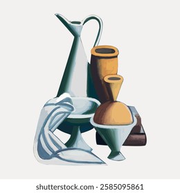 Abstract still life with vases and jugs. Geometric shapes in muted colors. Artistic composition of vases and jugs. Modern art with vases and jugs. Vintage art illustration, vector.