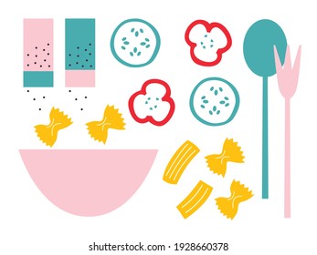 Abstract still life vegetables. Kitchen poster. Vector. Pasta and vegetables hand drawing. Menu for social media, postcards, print. 