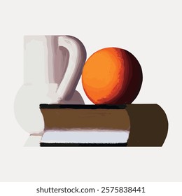 Abstract still life with a white jug, orange sphere, and brown book. Modern art style, geometric shapes. Minimalist design with jug, sphere, and book. Vintage art drawing, isolated vector element.