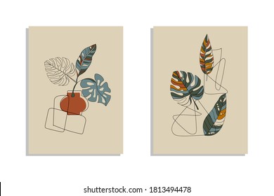Abstract still lifes drawn by one line. Trendy leaf art. Hand painted backgrounds with vases. Vector Illustration.