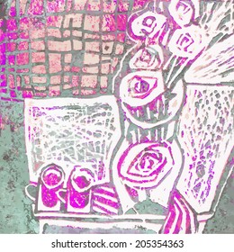  Abstract still-life with vase, bunch of roses and two cups. Pink and gray colors. Vector illustration.of roses and two cups. Violet and green colors. Vector illustration.