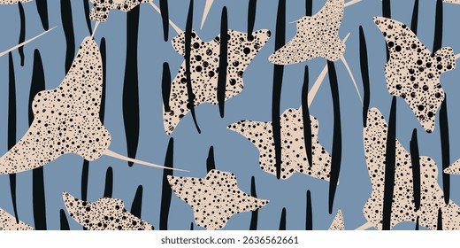 Abstract stingray with specks and lines on blue surface
