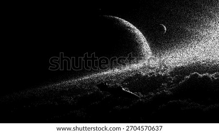 Abstract stipple art of a half planet and moon against a starry sky. Space vector background and universe exploration concept.