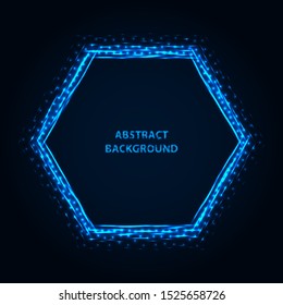Abstract stipple background. Blue luminous lines. Azure glowing edge. Indigo light border. Ultramarine sparking particles. Colorful hexagon. Bright contour.