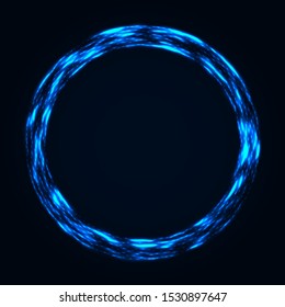 Abstract stipple background. Blue luminous circles. Azure glowing circle. Indigo light ring. Ultramarine sparking particles. Colorful ellipse. Bright border.