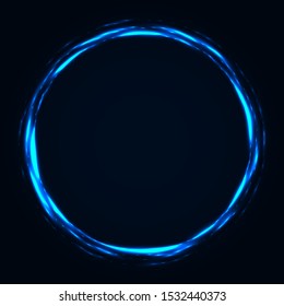 Abstract stipple background. Blue luminous circles. Azure glowing circle. Indigo light ring. Ultramarine sparking particles. Colorful ellipse. Bright border.