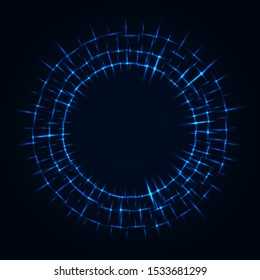 Abstract stipple background. Blue luminous circles. Azure glowing circle. Indigo light ring. Ultramarine sparking particles. Colorful ellipse. Bright border.