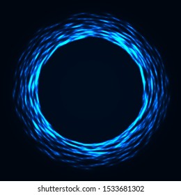 Abstract stipple background. Blue luminous circles. Azure glowing circle. Indigo light ring. Ultramarine sparking particles. Colorful ellipse. Bright border.