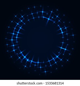 Abstract stipple background. Blue luminous circles. Azure glowing circle. Indigo light ring. Ultramarine sparking particles. Colorful ellipse. Bright border.