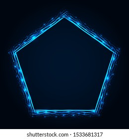 Abstract stipple background. Blue luminous lines. Azure glowing edge. Indigo light border. Ultramarine sparking particles. Colorful pentagon. Bright contour.