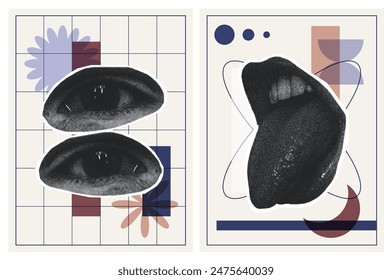 Abstract Stipple effect Eyes and Mouth. Two Posters with Geometric Patterns and grid. Y2k with photocopy