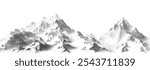 Abstract stippled mountain range in overlay pointillism grunge texture style. Vintage photocopy of snowy hill chain, mount landscape with grainy noise. Retro halftone vector illustration.