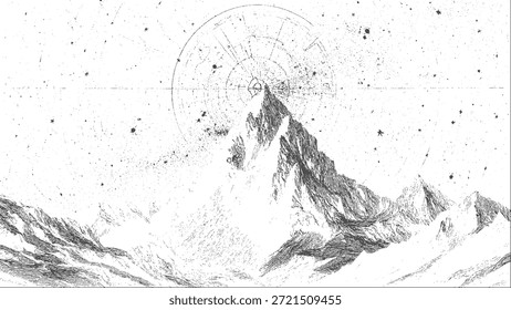 Abstrakte stippled Bergkette in Overlay pointillism Grunge Textur Stil. Vintage Fotokopie der schneebedeckten Hügelkette, Berglandschaft mit körnigem Rauschen.