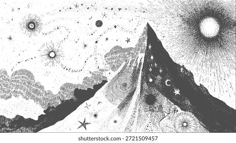 Abstrakte stippled Bergkette in Overlay pointillism Grunge Textur Stil. Vintage Fotokopie der schneebedeckten Hügelkette, Berglandschaft mit körnigem Rauschen.