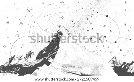 Abstract stippled mountain range in overlay pointillism grunge texture style. Vintage photocopy of snowy hill chain, mount landscape with grainy noise.