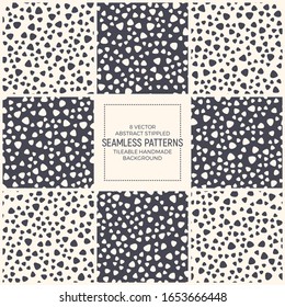 Abstract Stippled Scandinavian Style Seamless Patterns Vector Set. Dotted Repetitive Simple Retro Backgrounds For Textile, Clothes, Wrapping. Black And White Tileable Spotted Wallpapers Collection