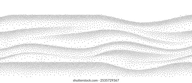 Abstract stippled winter snow valley, hills, mountains landscape. Black halftone dots particles wave pattern. Sand grain vector texture with speckles and granules isolated on transparent background