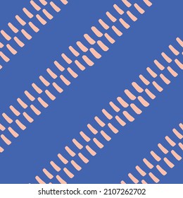 Abstract stitch style stripe vector pattern seamless background. Diagonal irregular running handstitch needle work effect striped backdrop. Simple embroidery stitching repeat in blue and pink.
