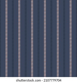 Abstract stitch style stripe vector pattern seamless background. Running hand stitch needle work effect vertical alternating stripes. Simple embroidery stitching repeat in indigo blue and pink.