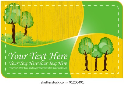 Abstract stitched frame and green tree with wooden grunge