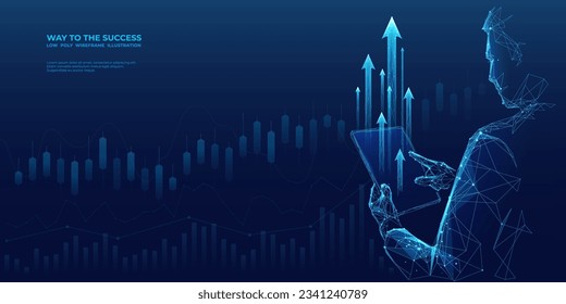 Abstract stock exchange and trader holding tablet with arrow up signs. Digital stock market banner. Investment boost concept. Low poly wireframe vector illustration in futuristic style.