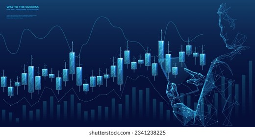 Abstract stock market banner. Digital businessman holding tablet with candlesticks hologram. Graph chart and growing bar. Low poly wireframe vector illustration in futuristic style.