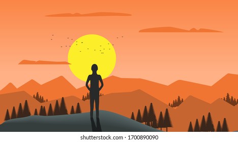 Abstract Stock vector illustration of morning time calm mountains view. A man standing on mountain and view sea and sun rising