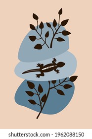 Abstract stones, plant, lizard. Modern minimalist abstract aesthetic illustrations vector flat, boho.