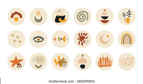 Abstract stories highlight cover. Social media story round icons, art design contemporary boho style. Vector illustration for blogging.