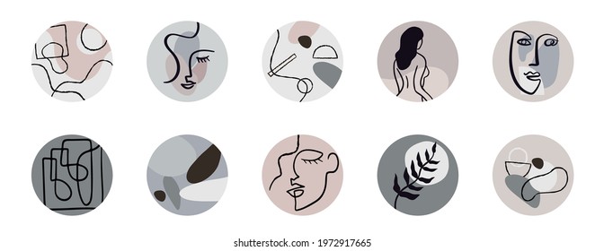 Abstract stories highlights for social network. Hand drawn round contemporary icons. Perfect highlight covers for lifestyle, creative and aesthetic blogs.
