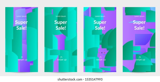 Abstract stories templates with bright colored random stripes. Dynamic modern design with scattered gradient geometric shapes. Simple colorful futuristic elements. Sport music social media layout.