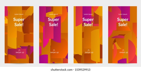 Abstract stories templates with bright colored random stripes. Dynamic modern design with scattered gradient geometric shapes. Simple colorful futuristic elements. Sport music social media layout.